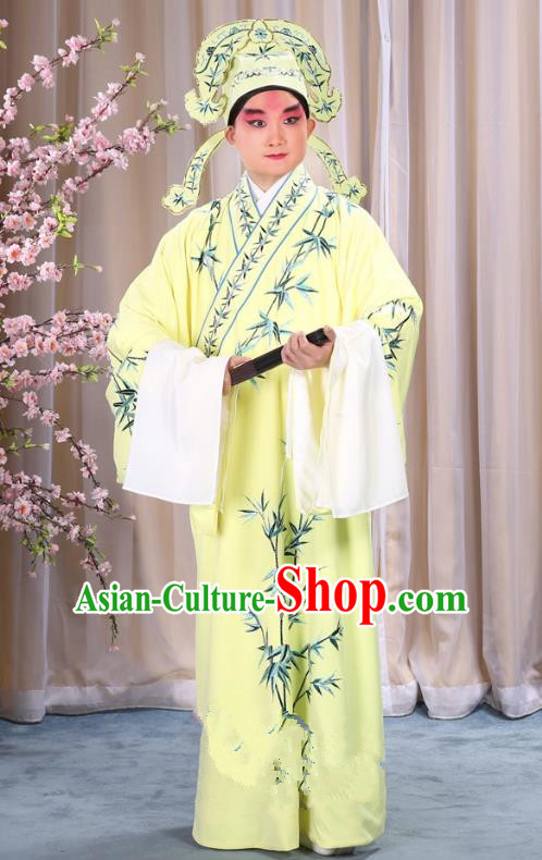 China Beijing Opera Niche Costume Gifted Scholar Embroidered Bamboo Yellow Robe and Headwear, Traditional Ancient Chinese Peking Opera Embroidery Clothing