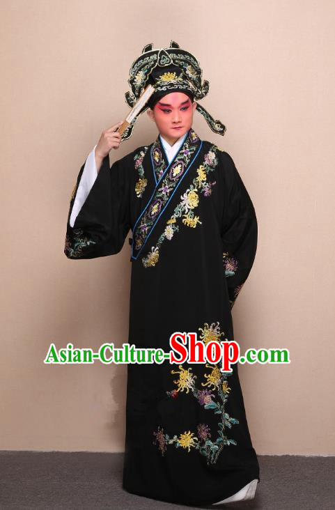 Top Grade Professional Beijing Opera Niche Costume Gifted Scholar Black Embroidered Chrysanthemum Robe, Traditional Ancient Chinese Peking Opera Embroidery Clothing