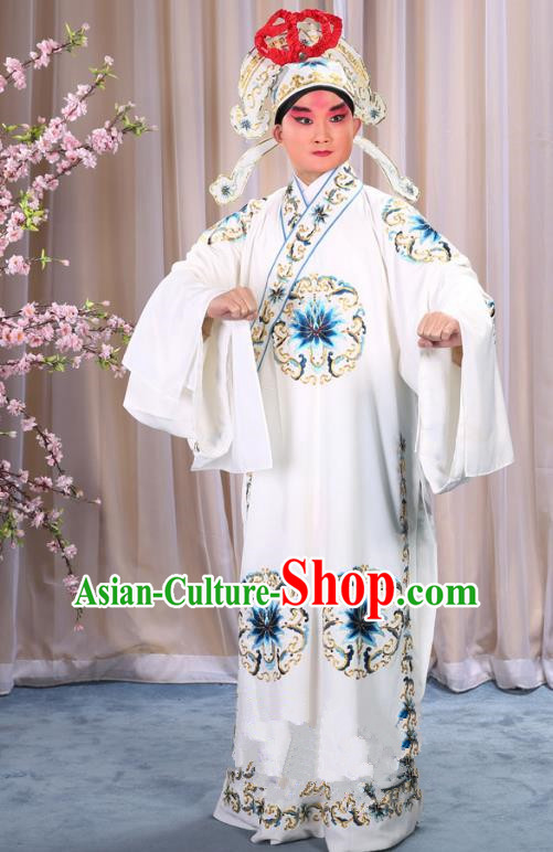 China Beijing Opera Niche Costume General White Embroidered Robe and Headwear, Traditional Ancient Chinese Peking Opera Embroidery Military Officer Gwanbok Clothing