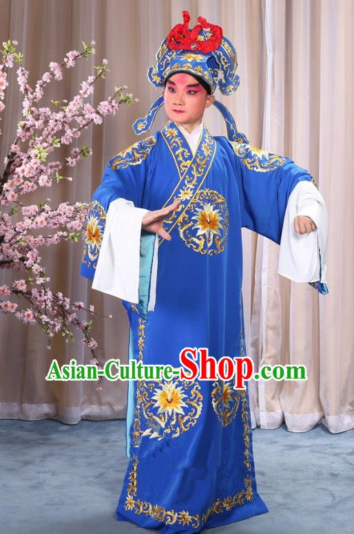 China Beijing Opera Niche Costume General Blue Embroidered Robe and Headwear, Traditional Ancient Chinese Peking Opera Embroidery Military Officer Gwanbok Clothing