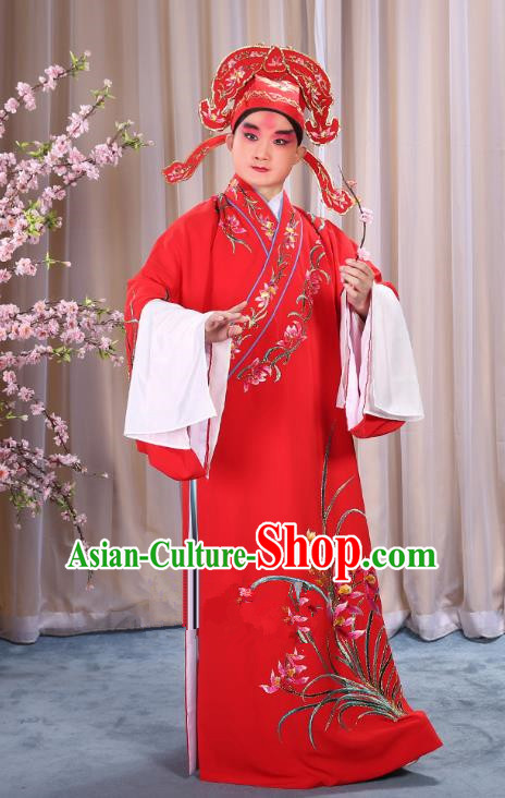 China Beijing Opera Niche Costume Young Men Red Embroidered Robe and Shoes, Traditional Ancient Chinese Peking Opera Scholar Embroidery Orchid Gwanbok Clothing