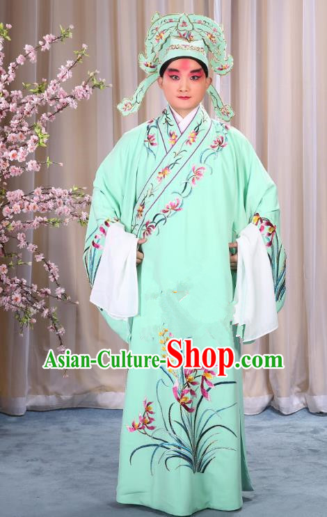 China Beijing Opera Niche Costume Young Men Green Embroidered Robe and Shoes, Traditional Ancient Chinese Peking Opera Scholar Embroidery Orchid Gwanbok Clothing
