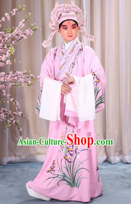 China Beijing Opera Niche Costume Young Men Pink Embroidered Robe and Shoes, Traditional Ancient Chinese Peking Opera Scholar Embroidery Orchid Gwanbok Clothing