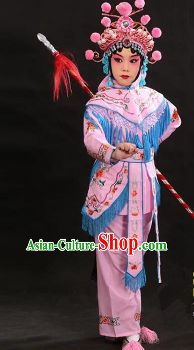 Traditional China Beijing Opera Female General Pink Costume and Headwear Complete Set, Ancient Chinese Peking Opera Swordplay Embroidery Clothing for Kids