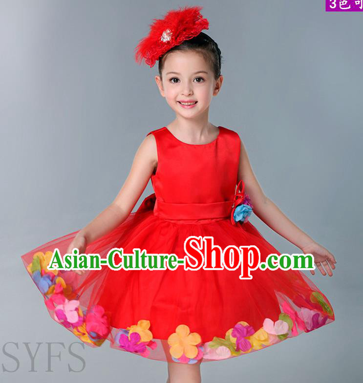 Top Grade Chinese Compere Professional Performance Catwalks Costume, Children Flowers Bubble Dress Modern Dance Red Dress for Girls Kids