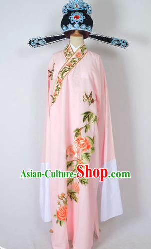 Traditional Chinese Professional Peking Opera Young Men Share-Win Costume and Hat Complete Set, China Beijing Opera Lang Scholar Embroidery Peony Light Pink Long Robe Clothing