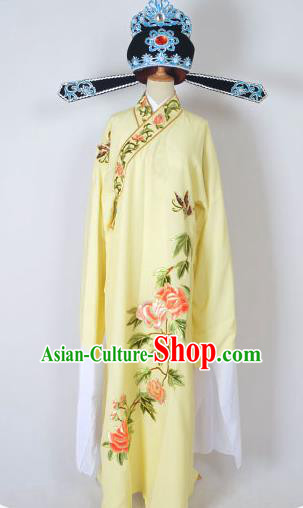 Traditional Chinese Professional Peking Opera Young Men Share-Win Costume and Hat Complete Set, China Beijing Opera Lang Scholar Embroidery Peony Yellow Long Robe Clothing