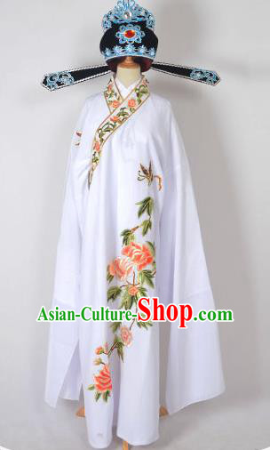 Traditional Chinese Professional Peking Opera Young Men Share-Win Costume and Hat Complete Set, China Beijing Opera Lang Scholar Embroidery Peony White Long Robe Clothing