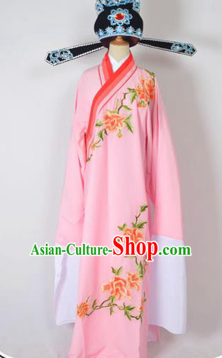 Traditional Chinese Professional Peking Opera Young Men Costume and Hat Complete Set, China Beijing Opera Shaoxing Opera Niche Lang Scholar Embroidery Peony Pink Long Robe Clothing