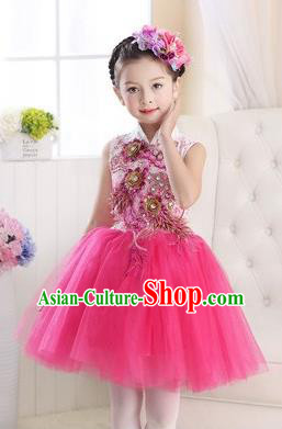 Top Grade Chinese Compere Professional Performance Catwalks Costume, Children Modern Dance Rosy Veil Bubble Dress for Girls Kids