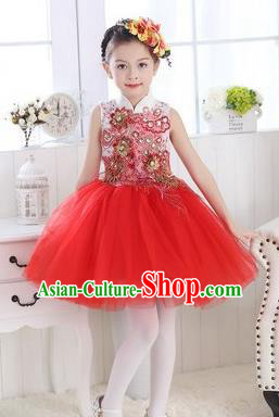 Top Grade Chinese Compere Professional Performance Catwalks Costume, Children Modern Dance Red Veil Bubble Dress for Girls Kids