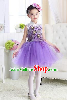 Top Grade Chinese Compere Professional Performance Catwalks Costume, Children Modern Dance Purple Veil Bubble Dress for Girls Kids