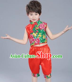 Traditional Chinese Classical Dance Yangge Fan Dance Costume, Children Folk Dance Drum Dance Uniform Yangko Red Clothing for Boys