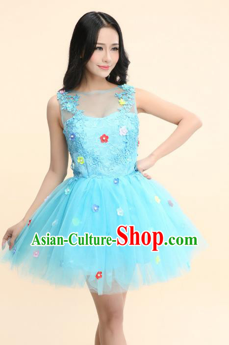 Top Grade Chinese Professional Performance Catwalks Costume, Modern Dance Blue Veil Bubble Princess Dress for Women