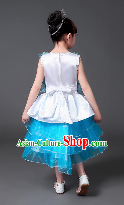 Top Grade Chinese Professional Performance Catwalks Costume, Children Modern Dance Blue Veil Bubble Princess Embroidery Dress for Girls