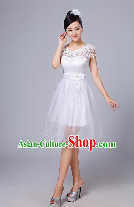 Top Grade Chinese Compere Professional Performance Catwalks Costume, China Modern Dance White Short Dress for Women