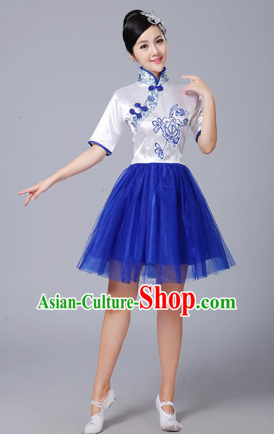 Traditional Chinese Classical Dance Cheongsam Costume, China Folk Dance Blue Veil Dress for Women