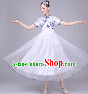 Traditional Chinese Classical Dance Cheongsam Costume, China Folk Dance White Veil Long Dress for Women