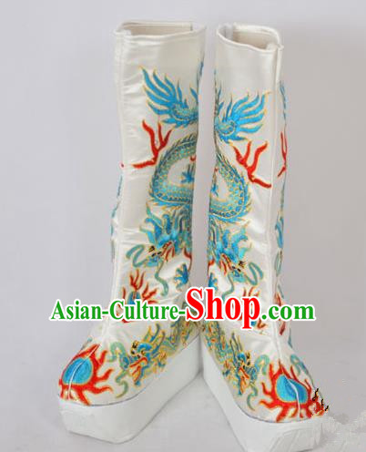 Traditional Chinese Professional Peking Opera Emperor Embroidered Shoes, China Beijing Opera King Embroidery Dragon Boots
