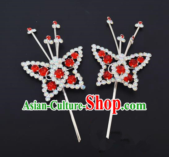 Traditional Handmade Chinese Classical Peking Opera Diva Hair Accessories, China Beijing Opera Hua Tan Red Crystal Butterfly Hairpins Headwear