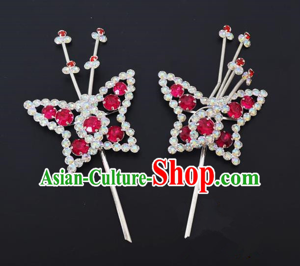Traditional Handmade Chinese Classical Peking Opera Diva Hair Accessories, China Beijing Opera Hua Tan Rosy Crystal Butterfly Hairpins Headwear