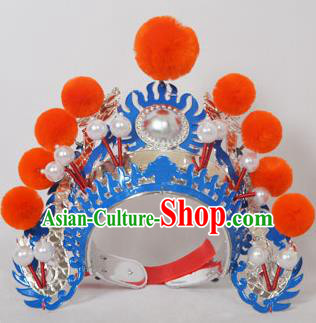 Traditional Handmade Chinese Classical Peking Opera Blues Accessories Orange Venonat Hat, China Beijing Opera Swordplay Warriors Blue Headwear