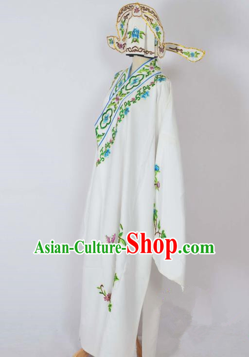 Traditional Chinese Professional Peking Opera Young Men Costume, China Beijing Opera Niche Gifted Scholar Embroidery White Robe Clothing