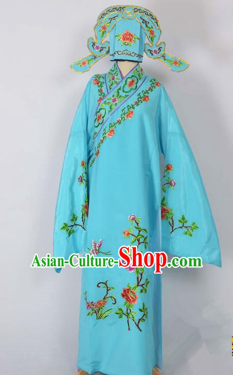 Traditional Chinese Professional Peking Opera Young Men Costume, China Beijing Opera Niche Gifted Scholar Embroidery Blue Robe Clothing