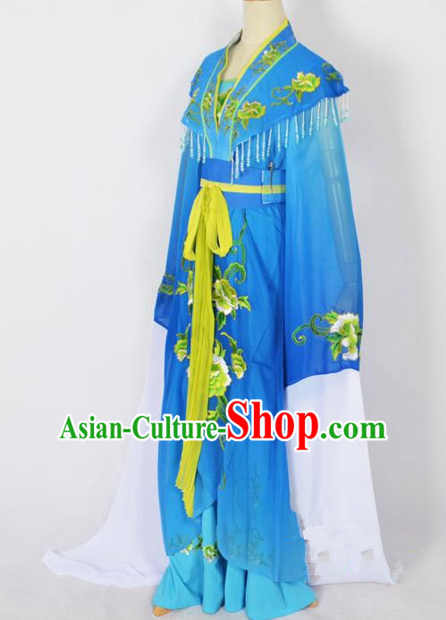 Traditional Chinese Professional Peking Opera Young Lady Princess Costume Blue Embroidery Dress, China Beijing Opera Diva Hua Tan Embroidered Robe Clothing