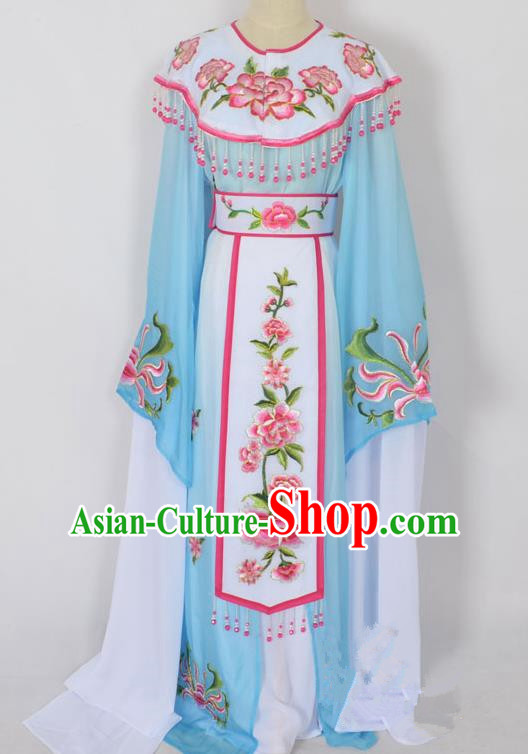 Traditional Chinese Professional Peking Opera Young Lady Princess Costume Blue Embroidery Peony Dress, China Beijing Opera Diva Hua Tan Embroidered Cloud Shoulder Clothing