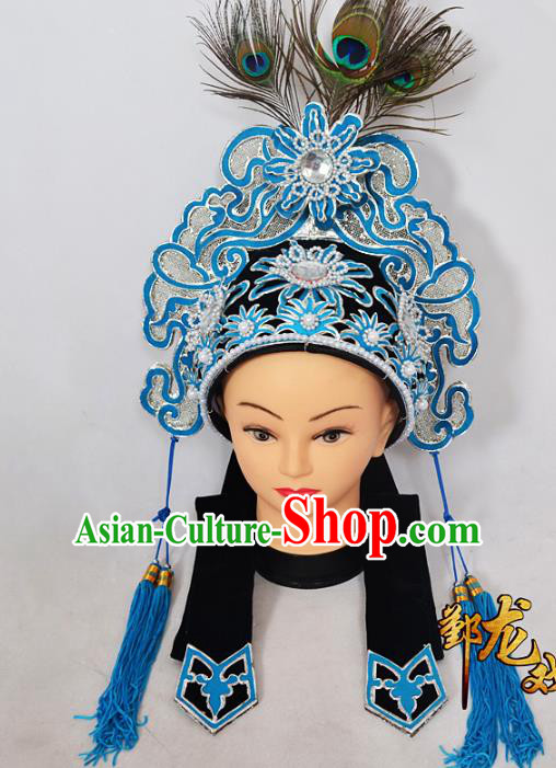 Traditional Handmade Chinese Classical Peking Opera Blues Accessories Hat, China Beijing Opera Swordplay Warriors Headwear