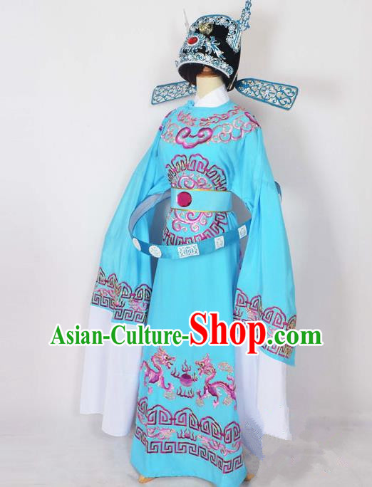 Traditional Chinese Professional Peking Opera Emperor Female Son-in-law Costume Blue Embroidered Robe and Hat, China Beijing Opera Niche Embroidered Clothing