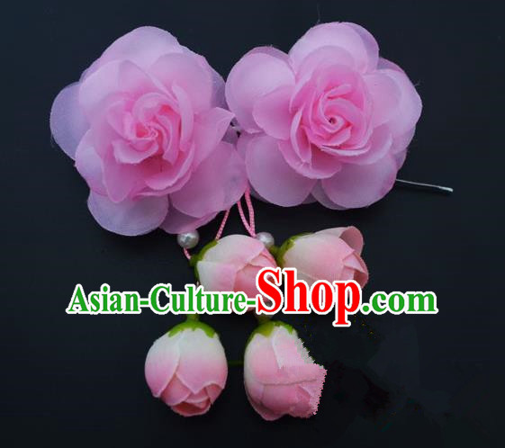Traditional Handmade Chinese Classical Peking Opera Young Lady Hair Accessories Pink Temples Flowers, China Beijing Opera Princess Headwear Tassel Hairpins
