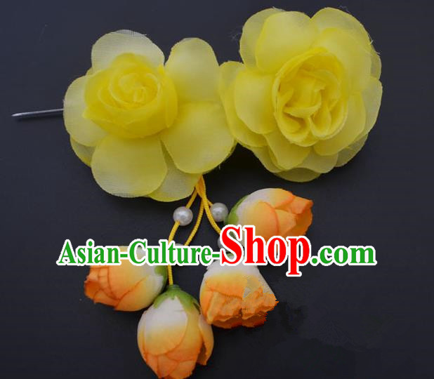 Traditional Handmade Chinese Classical Peking Opera Young Lady Hair Accessories Yellow Temples Flowers, China Beijing Opera Princess Headwear Tassel Hairpins