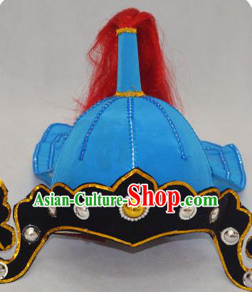 Traditional Handmade Chinese Classical Peking Opera Blues Accessories Blue Hat, China Beijing Opera Swordplay Warriors Headwear