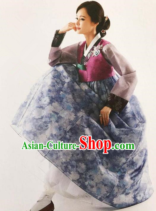 Traditional Korean Handmade Embroidery Bride Hanbok Printing Blue Full Dress, Top Grade Korea Hanbok Wedding Costume Complete Set for Women