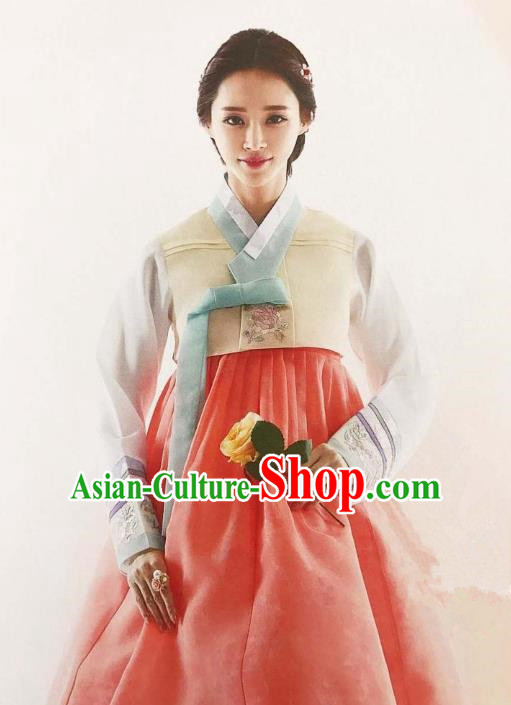 Traditional Korean Handmade Embroidery Bride Hanbok Pink Full Dress, Top Grade Korea Hanbok Wedding Costume Complete Set for Women