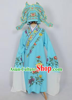 Traditional Chinese Professional Peking Opera Young Men Niche Costume Light Blue Embroidery Robe and Hat, China Beijing Opera Nobility Childe Scholar Embroidered Clothing