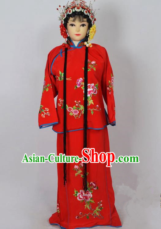 Traditional Chinese Professional Peking Opera Jordan-Sitting Costume Red Embroidery Dress, Children China Beijing Opera Diva Hua Tan Embroidered Maidservants Clothing