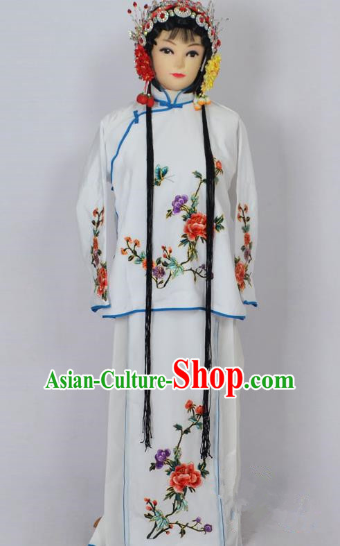 Traditional Chinese Professional Peking Opera Jordan-Sitting Costume White Embroidery Dress, Children China Beijing Opera Diva Hua Tan Embroidered Maidservants Clothing