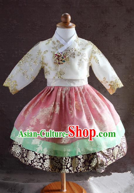 Traditional South Korean Handmade Embroidery Children Hanbok Birthday Pink Full Dress, Top Grade Korea Hanbok Costume Complete Set for Kids