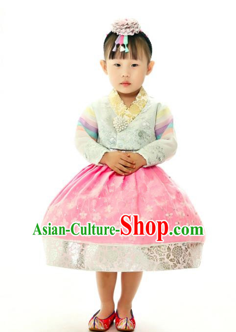 Traditional South Korean Handmade Embroidery Hanbok Children Birthday Pink Full Dress, Top Grade Korea Hanbok Costume Complete Set for Kids