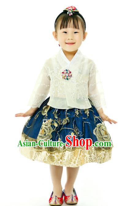 Traditional South Korean Handmade Printing Hanbok Children Birthday Princess Blue Full Dress, Top Grade Korea Hanbok Costume Complete Set for Kids