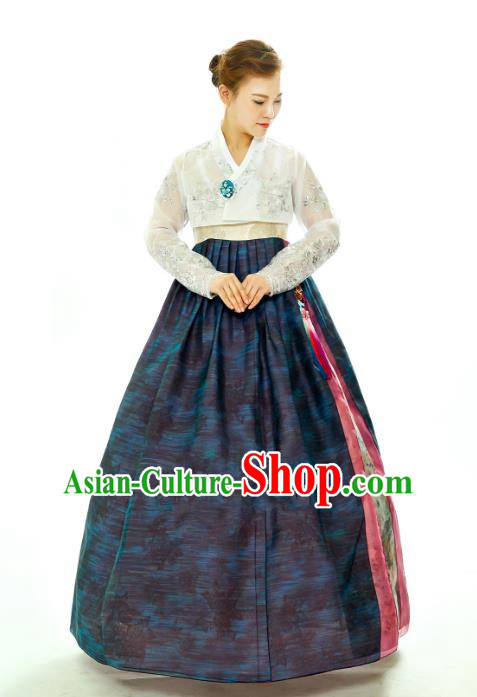Traditional South Korean Handmade Hanbok Embroidery Navy Full Dress, Top Grade Korea Hanbok Costume Complete Set for Women