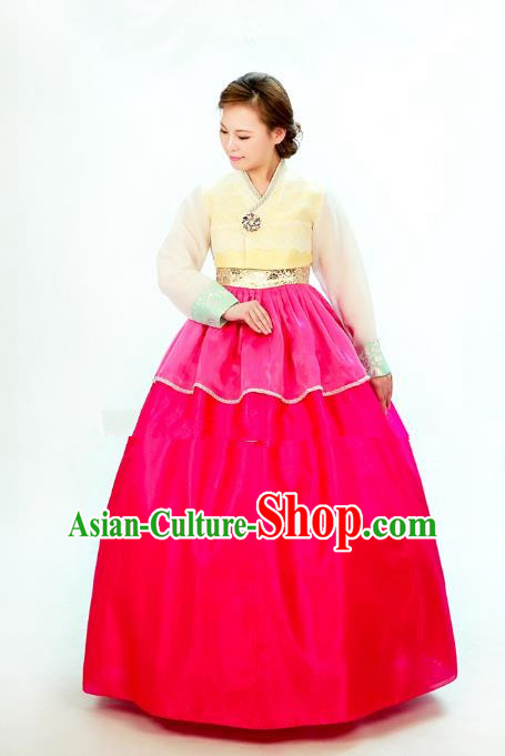 Traditional South Korean Handmade Hanbok Embroidery Bride Wedding Rosy Dress, Top Grade Korea Hanbok Costume Complete Set for Women