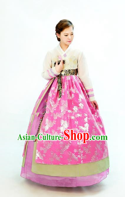 Traditional South Korean Handmade Hanbok Embroidery Bride Wedding Pink Satin Dress, Top Grade Korea Hanbok Costume Complete Set for Women