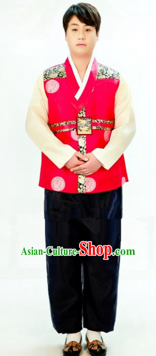 Traditional South Korean Handmade Hanbok Embroidery Bridegroom Wedding Red Clothing, Top Grade Korea Hanbok Costume Complete Set for Men