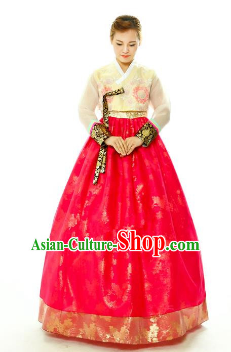 Traditional South Korean Handmade Hanbok Embroidery Bride Wedding Red Dress, Top Grade Korea Hanbok Palace Lady Costume Complete Set for Women