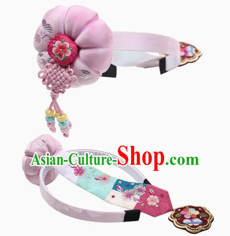 Traditional South Korean Handmade Embroidery Hair Accessories Pink Headband, Top Grade Korea Children Hair Clasp Headwear for Kids