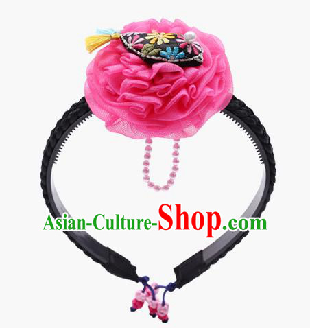 Traditional South Korean Handmade Embroidery Hair Accessories Pink Flower Headband, Top Grade Korea Children Hair Clasp Headwear for Kids